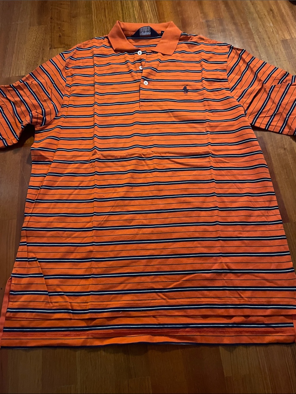 Striped Orange Polo Shirt with Navy Accents
